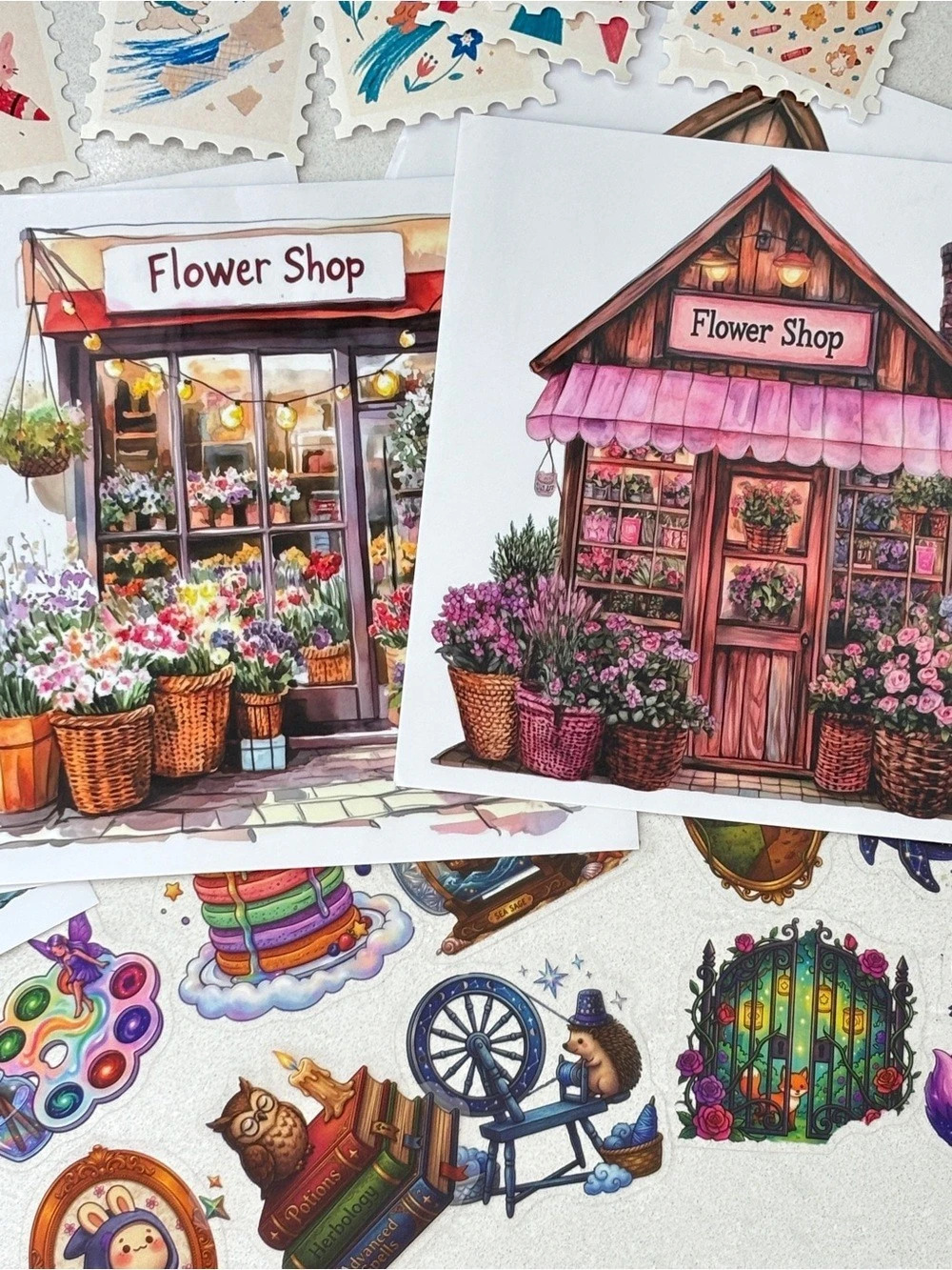 NEW 35 Sticker Lot Watercolor Flower Shop Fairy Tale Stamp Journal Scrapbook